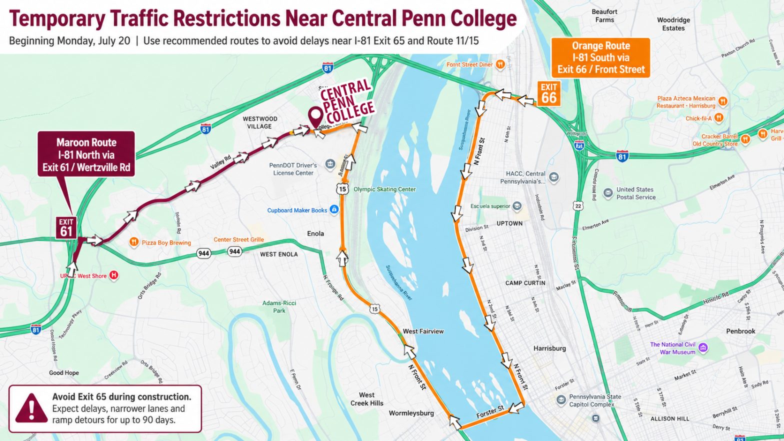 Temporary Traffic Restrictions Near Central Penn College